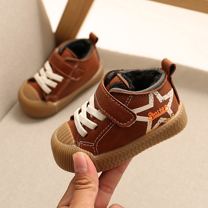 加绒加厚宝宝棉鞋0-2岁软底小童饼干鞋加绒男童女童皮鞋 婴儿鞋子