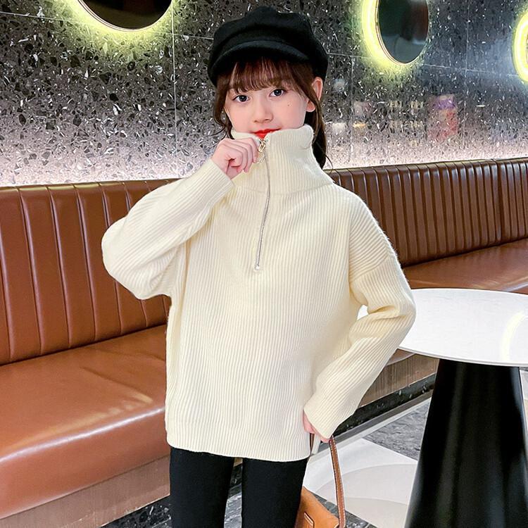 加绒加厚女孩保暖针织衣韩版女童冬装新款儿童洋气高领拉链衫毛衣