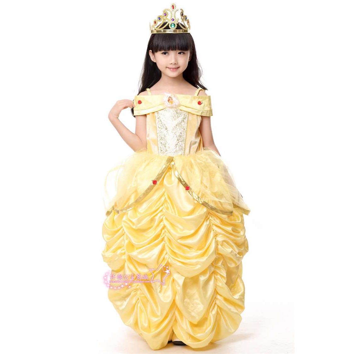 新品迪士尼贝尔女童礼服裙公主裙贝儿公主裙六一节表演服生日带裙