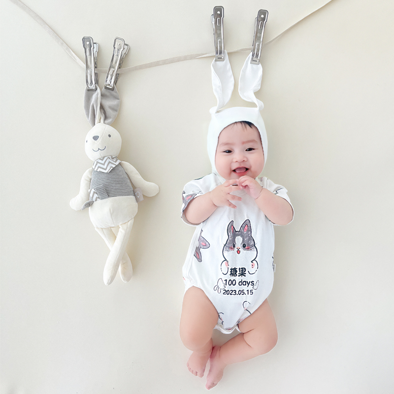 定制百天宝宝衣服兔子婴儿连体纯棉哈衣新生儿夏套装百日照宴会装