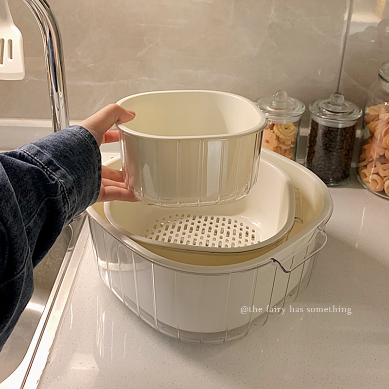 新款双层洗菜盆沥水篮家用客厅塑料水果盘厨房滤水菜篓淘洗菜篮子