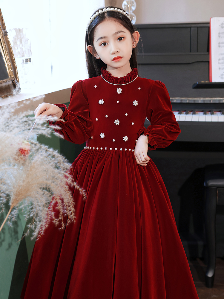 小女孩儿童公主裙花童长袖高端红色礼服钢琴演出服女童婚礼主持人
