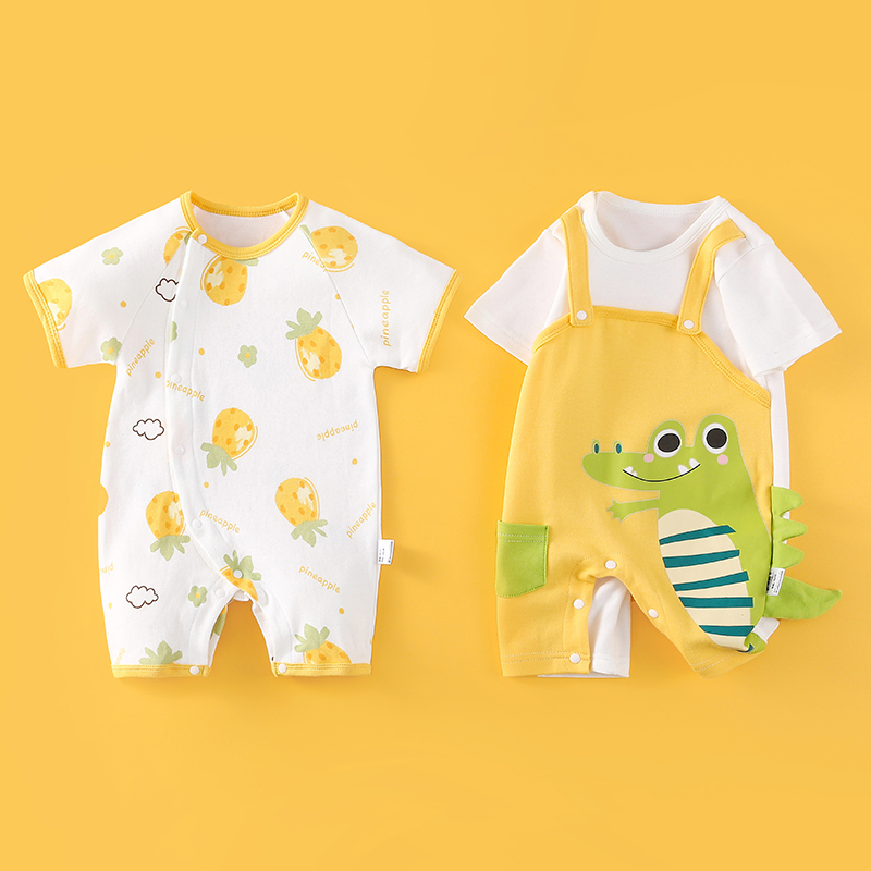2件装 新生婴儿衣服夏季纯棉连体衣百天宝宝短袖爬服夏装睡衣可爱