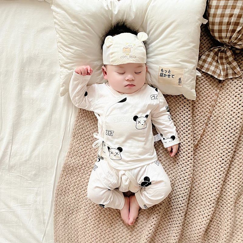婴儿长袖纯棉夏季衣服新生儿宝宝满月服斜系带外出和尚服两件套装
