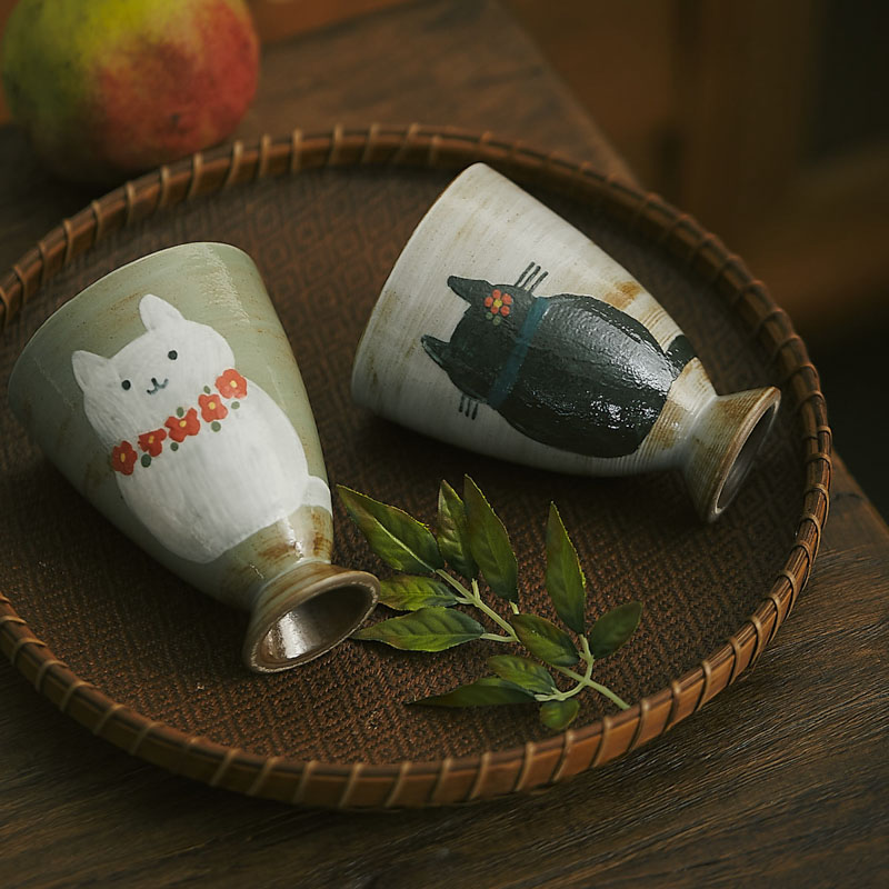 玩物志 日系手绘猫猫陶瓷马克杯可爱咖啡杯冷饮果汁高脚杯手握杯