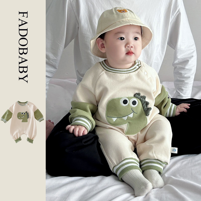 婴儿卡通恐龙长袖连体衣0-2岁春季韩国童装拼色超萌爬服外出衣服