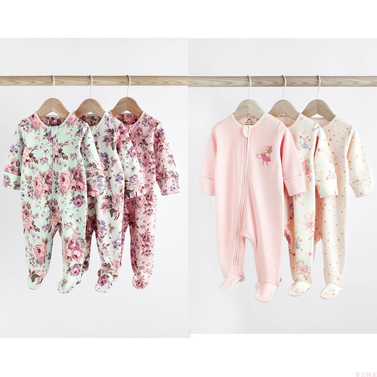 英国next童装 24春新女童婴儿宝宝老鼠花卉印花长袖纯棉连身睡衣