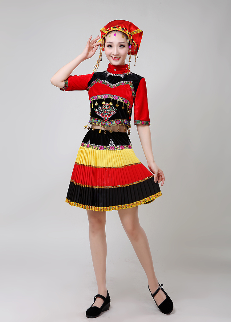 高档彝族舞蹈服装成人女儿童百褶裙表演服饰苗族黎族少数民族演出