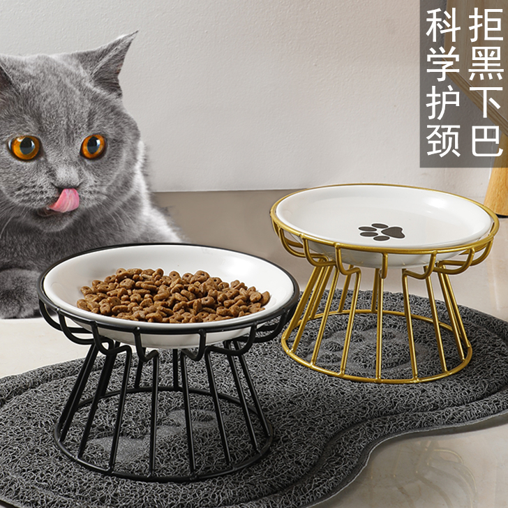 猫碗猫粮盘零食罐头冻干可爱陶瓷碟猫咪餐具铁艺支架防颈椎病防翻
