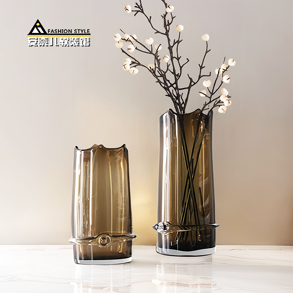 高级棕色加厚琉璃花瓶设计师款插花器现代家居客厅样板间软装摆件