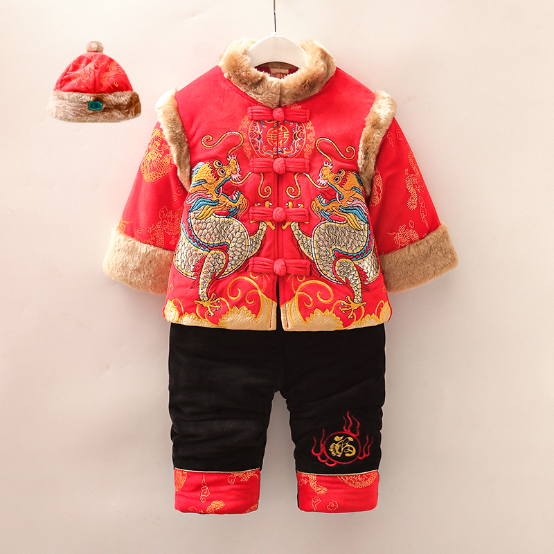 宝宝唐装男童中国风套装儿童周岁礼服1-2-3岁小孩加厚棉衣冬套装