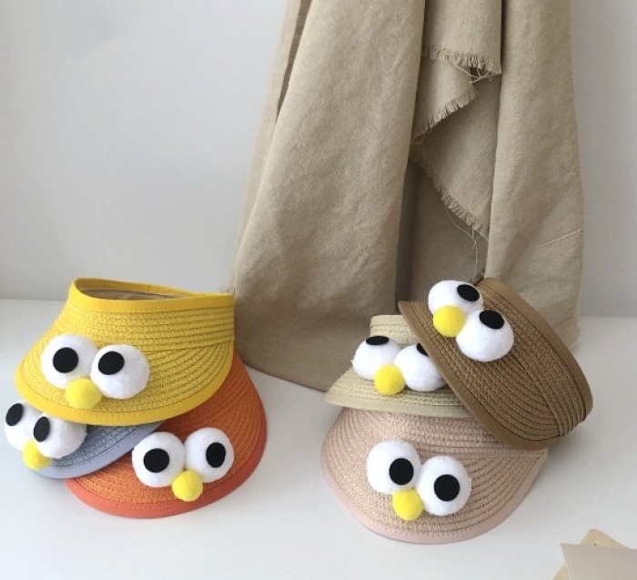 韩国婴儿夏天帽子可爱卡通眼睛空顶鸭舌帽男女宝宝遮阳防晒草帽