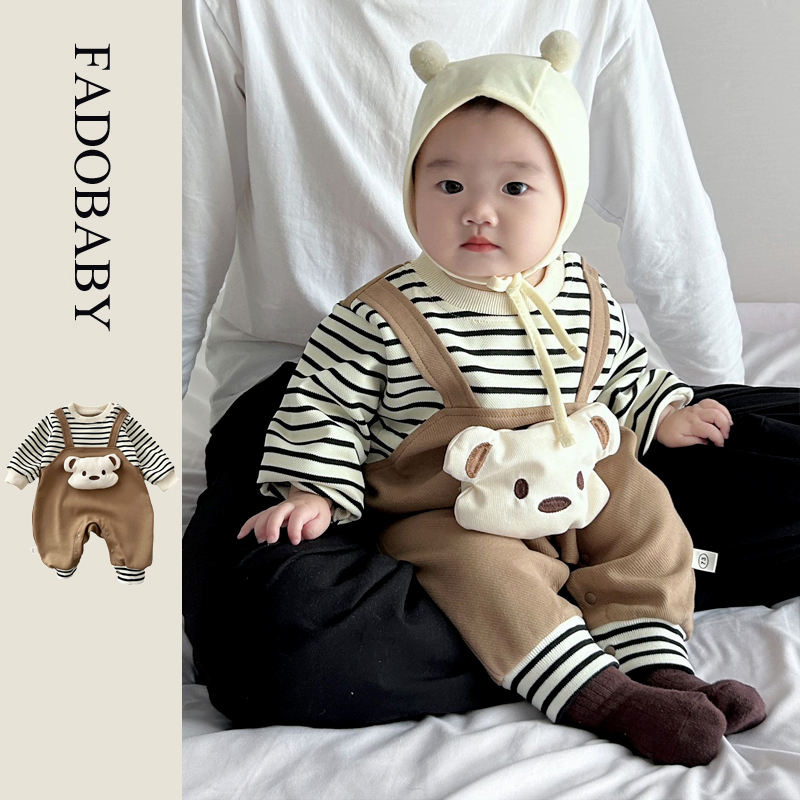 婴儿衣服卡通连体衣0-2岁春季韩国童装超萌条纹假两件爬服外出服