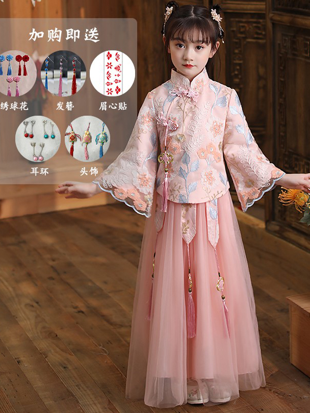 儿童汉服女童中国风秋季古装2024年新款唐装女大童旗袍古筝演出服