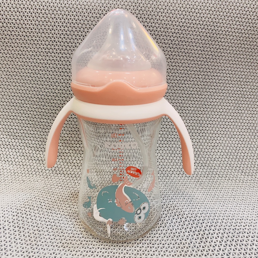日康新生婴儿奶瓶玻璃宽口径宝宝带手柄吸管保护套防摔耐240毫升