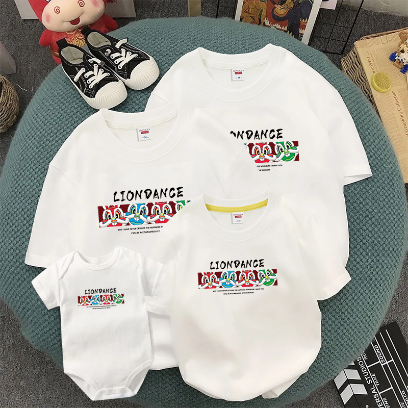 亲子装2023夏装新款纯棉短袖T恤婴儿爬服一家三口家庭装全家款