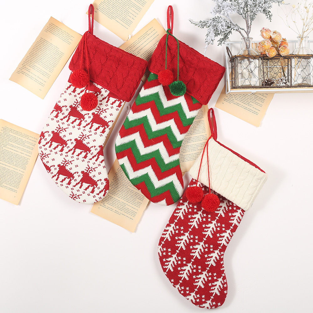 圣诞袜礼物袋圣诞节日儿童糖果礼品袋红白条纹针织袜子圣诞树挂件