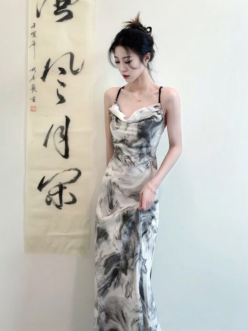 新中式水墨画国风吊带露背连衣裙夏装女2024新款气质高级感长裙子