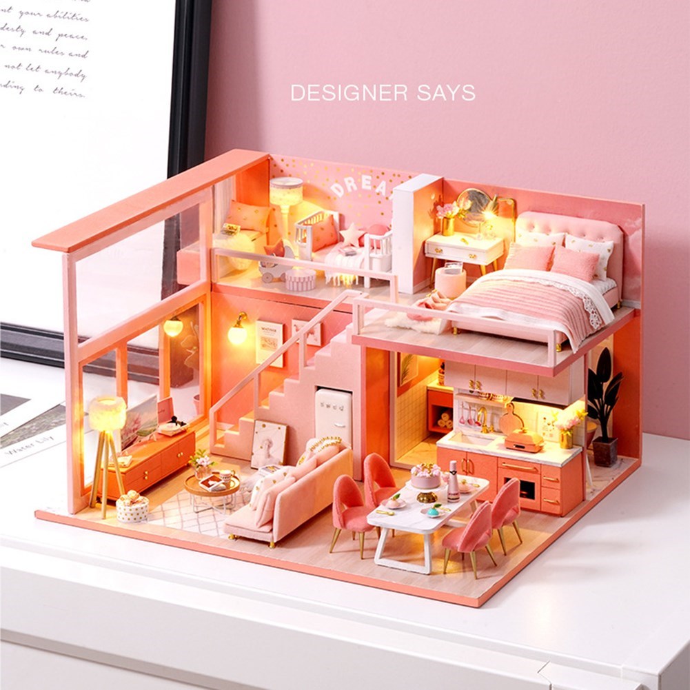 DIY Hut Pink Princess 3D Wooden Dollhouse With LED Lights Mi