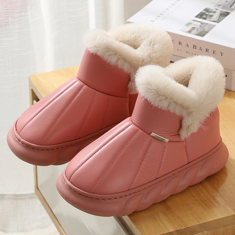 极速冬季高筒棉拖鞋女包跟防水PU皮室内家居外穿厚底保暖防滑月子