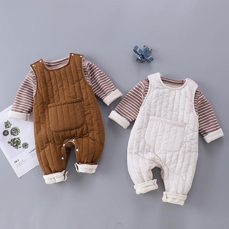 宝宝冬季套装新款男宝无骨加绒外穿棉服婴儿两件套秋冬背带加厚