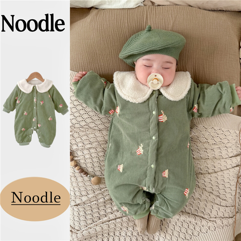 韩版婴儿冬装加绒加厚连体衣女童宝宝灯芯绒刺绣哈衣棉服外出爬服