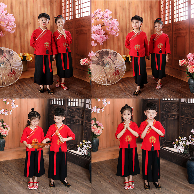 六一儿童演出服装幼儿园服夏季短袖班服男童中国风汉服国学表演服