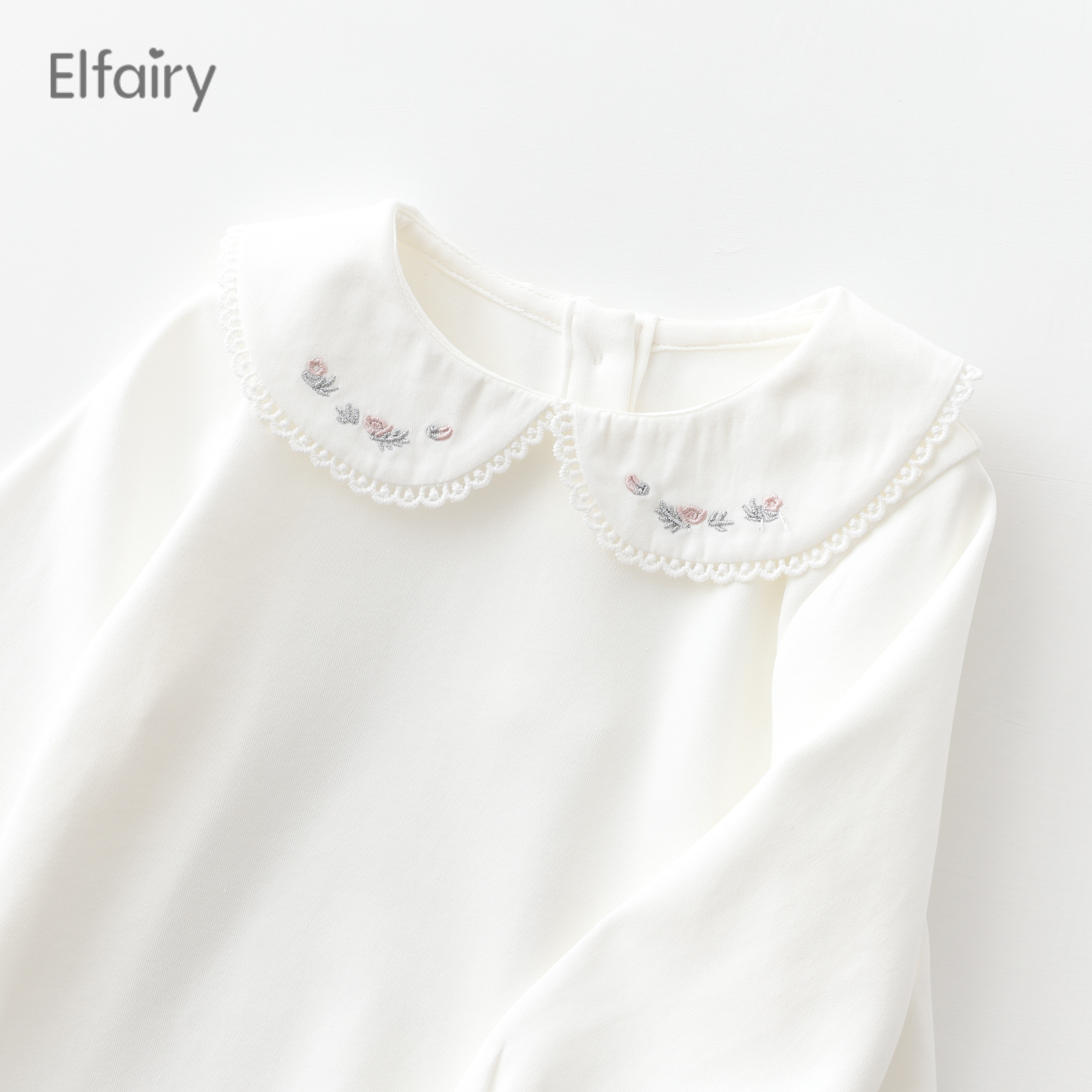 Elfairy婴儿打底衫女童长袖白T恤春秋宝宝纯棉内搭儿童娃娃领上衣