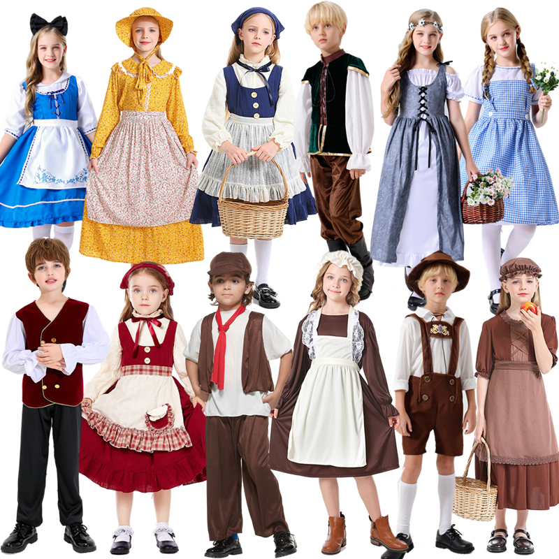 欧洲中世纪平民服装男童女童贫民扮演服小女孩卖报小男孩欧美服装