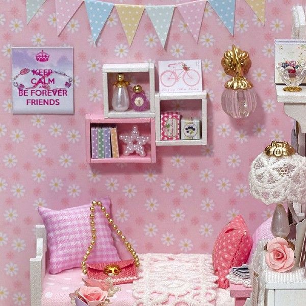 推荐Diy Wooden Miniature Doll House pink cuye room Furniture