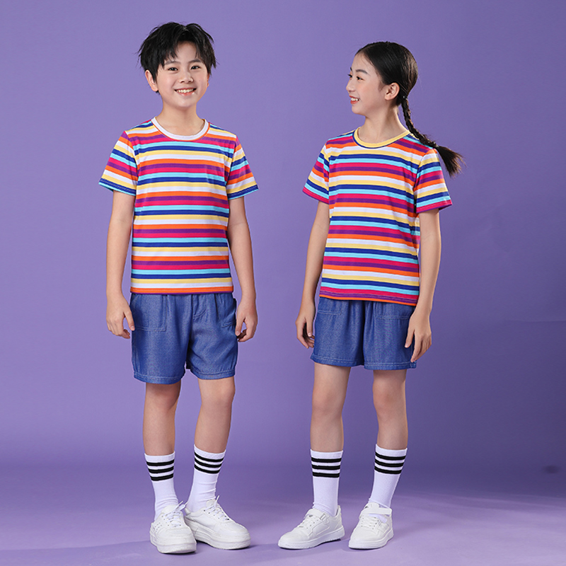 六一儿童节表演服装啦啦操队演出服毕业季夏季彩虹条纹幼儿园班服