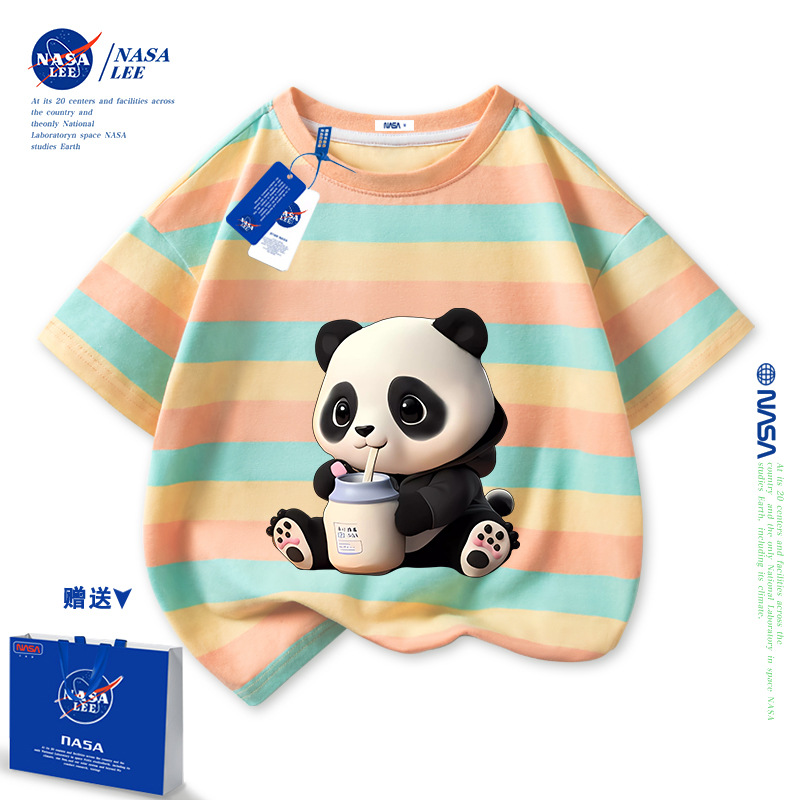 NASA熊猫t恤儿童短袖2024新款纯棉夏季男童夏装女童半袖中大童