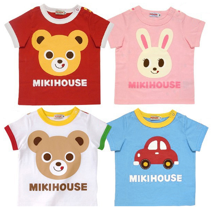 miki夏款日系男女儿童装宝宝可爱纯棉制满熊满兔满车拼色短袖T恤