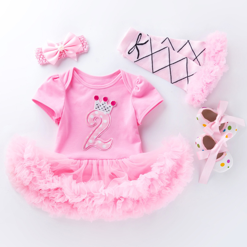 婴儿短袖包屁裙0-2岁女宝宝生日装粉色哈L衣裙学步鞋袜四件套童装