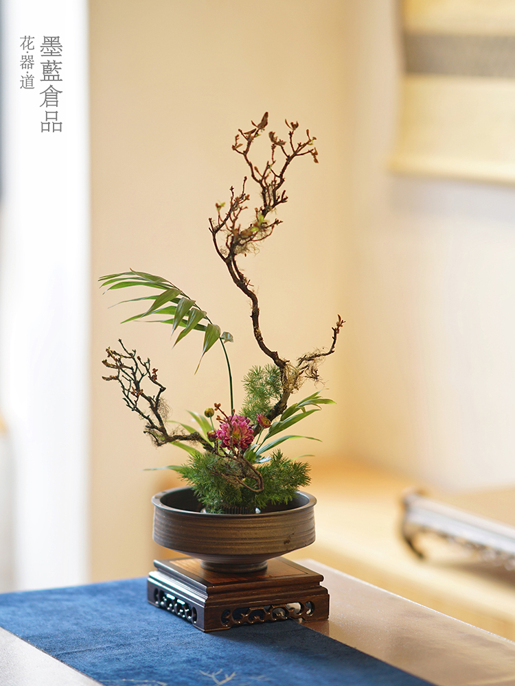 新品鎏金高脚碗型花器中式日式茶空间茶席桌面插花器皿 民宿客厅
