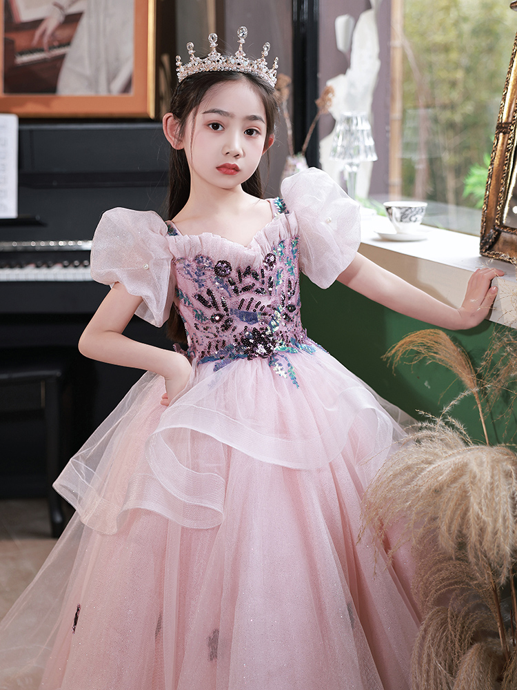 花童礼服公主裙女童小女孩主持人演奏儿童钢琴演出服高端粉色生日