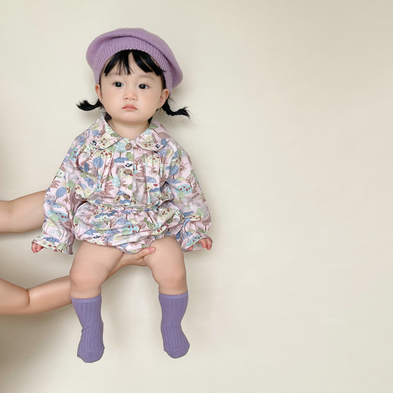 ins韩版2024春装套装婴儿娃娃领印花长袖上衣+包屁裤女宝宝2件套