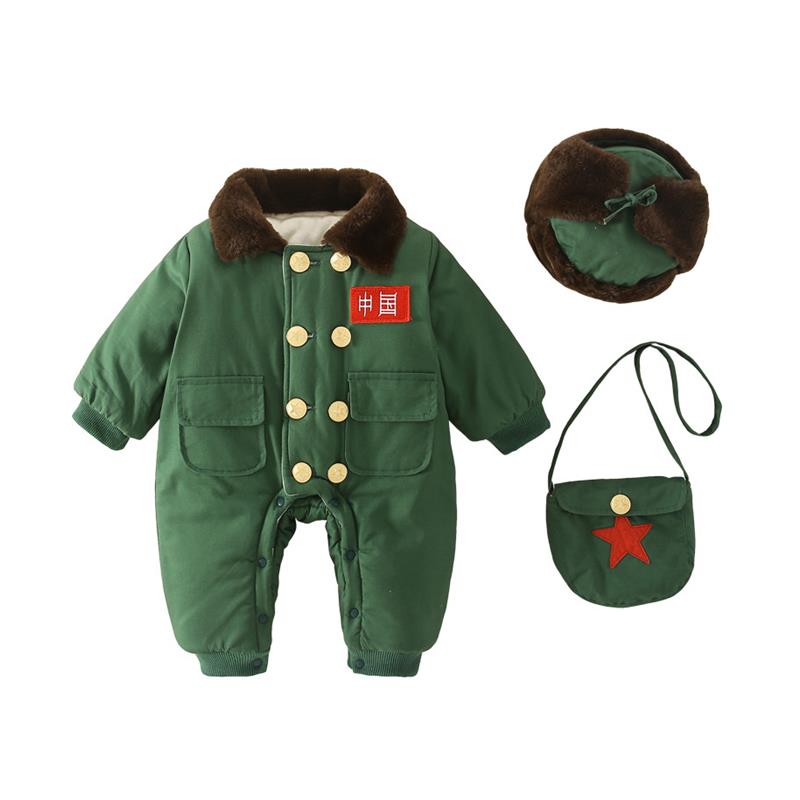 儿童军棉绿大大衣冬男童外套中长款洋气棉袄婴儿1厚2岁宝宝哈连体