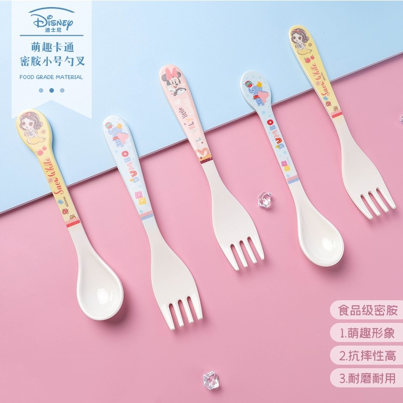 迪士尼勺叉儿童餐具小号勺大叉密胺卡通勺水果叉2件套米奇米妮勺
