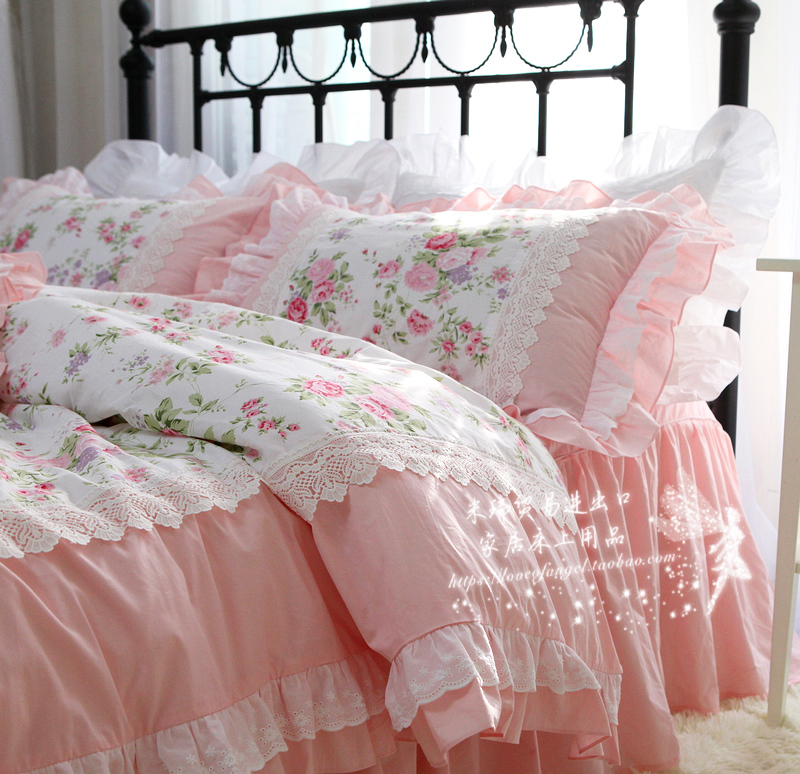 原单出口欧美粉玫瑰园全棉荷叶边蕾丝床上用品美式田园床裙四件套