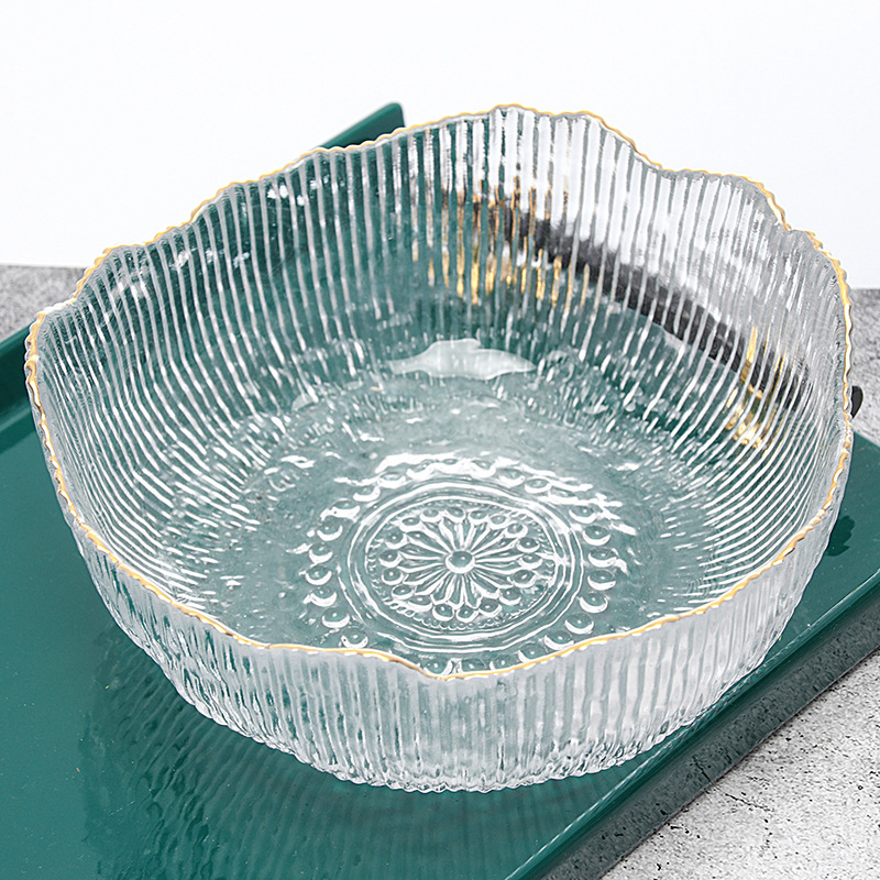 北欧竖纹金边玻璃碗沙拉碗碗盘套装家用饭碗面碗创意甜品碗碟餐具