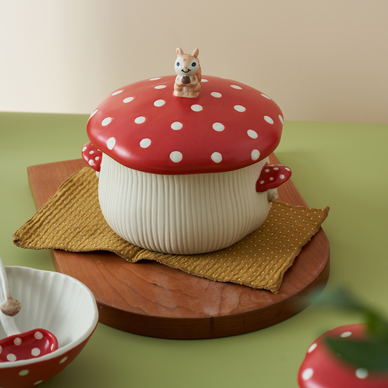 肆月红蘑菇螺蛳粉碗专用碗大号可爱高颜值带盖学生宿舍用大碗餐具