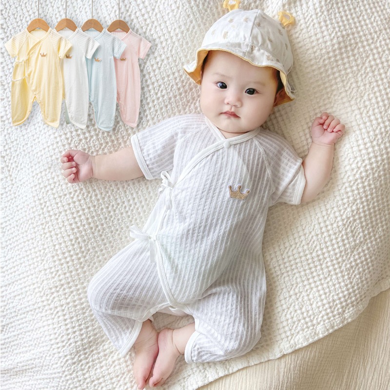 日本婴儿纯棉连体衣夏季新生儿哈衣宝宝护肚系带蝴蝶衣薄款空调服