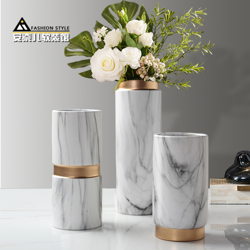 现代简约大理石纹陶瓷花瓶摆件北欧轻奢客厅餐桌创意花器软装饰品