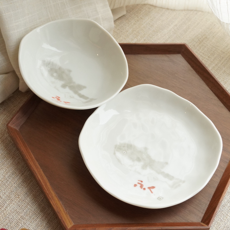日本进口中古瓷 手捏不规整河豚碗与碟 一套 可爱日式餐具日料