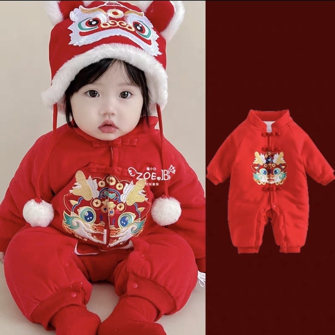婴儿冬季加绒加厚红色中国风加绒连体衣宝宝新生儿满月百天爬爬服