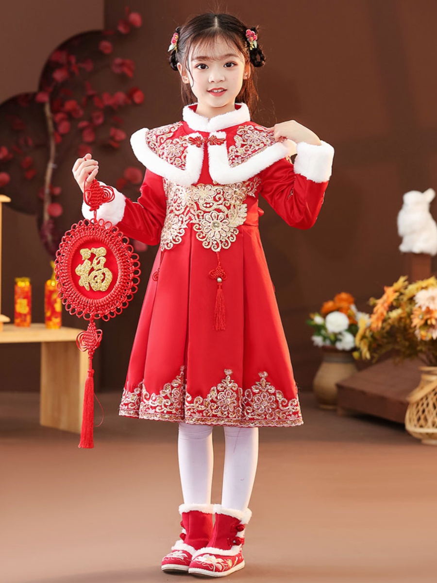 拜年服女童2023新款中小童旗袍儿童过年服中国风唐装公主裙加绒