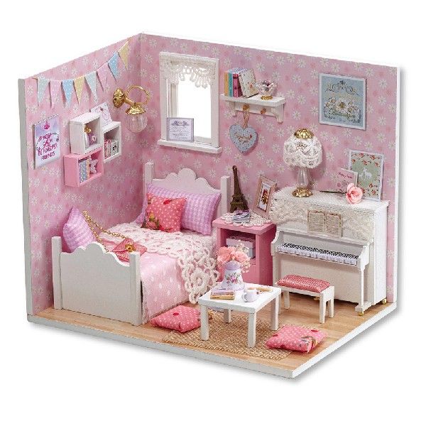 速发Diy Wooden Miniature Doll House pink cuye room Furniture