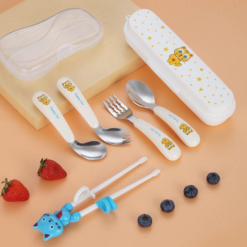 宝宝勺子学吃饭训练儿童叉子不锈钢自主进食婴儿叉勺餐具套装弯曲