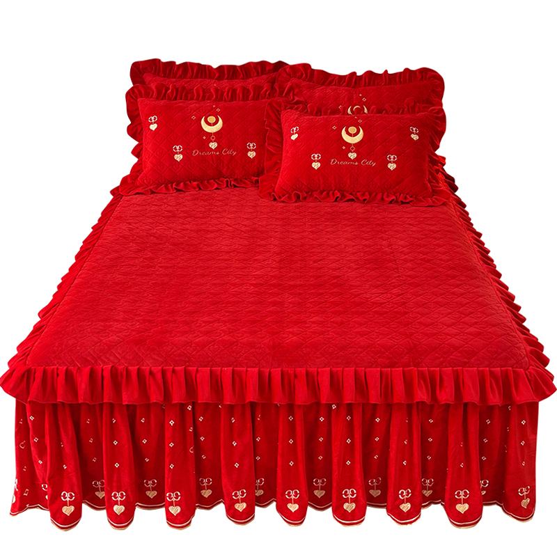 牛奶宝宝婴儿大红色高端结婚刺绣棉加厚花边床裙式床罩夹绒单件绒